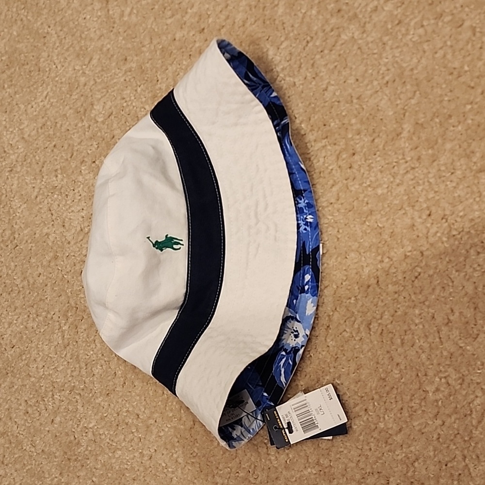 Polo bucket hat. Size L/XL. White with green horse and navy stripe. Reversible